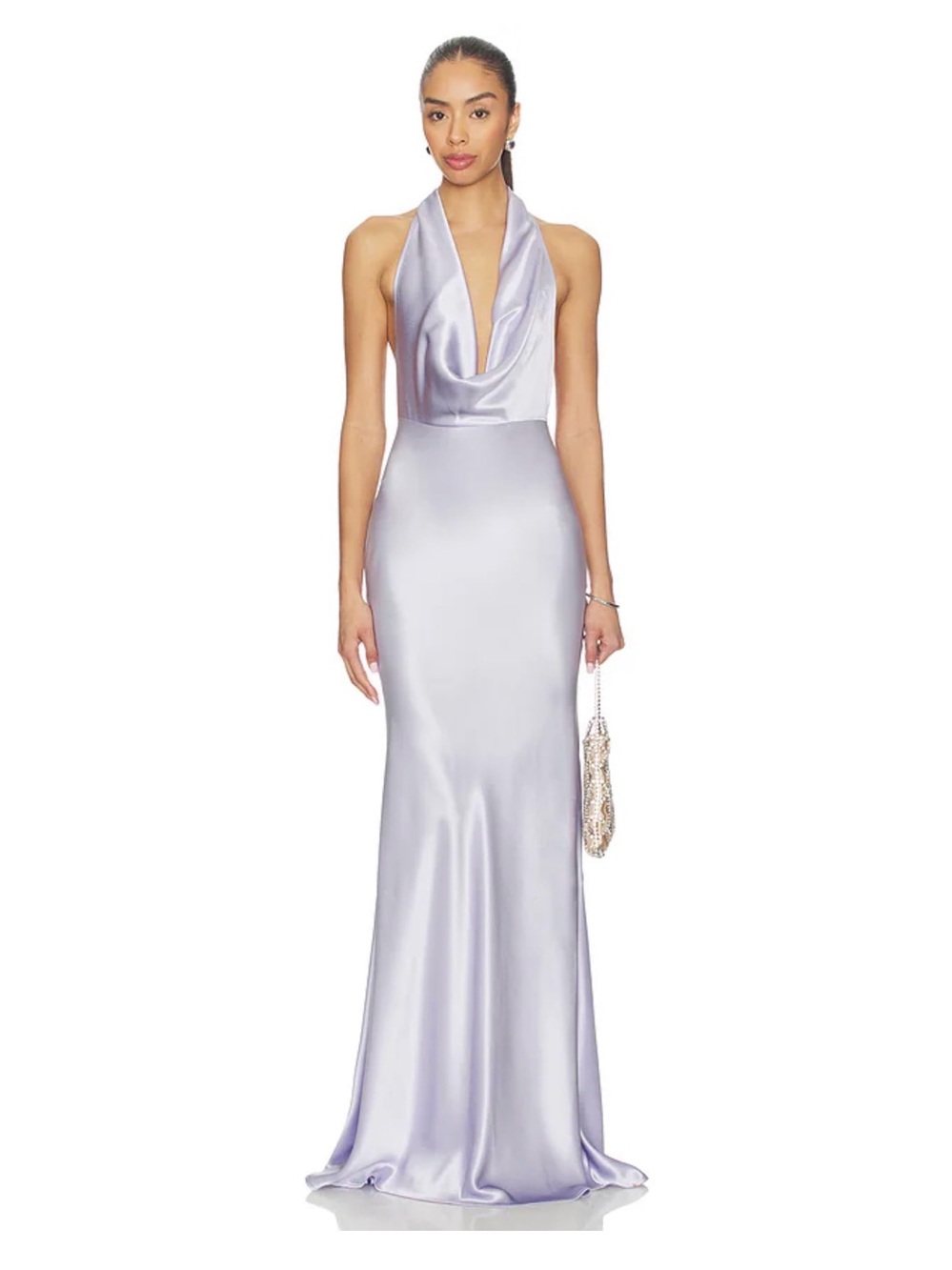 SAU Lee Pearl Plunging Cowl Neck Satin Gown dusty lavender NEW without tags